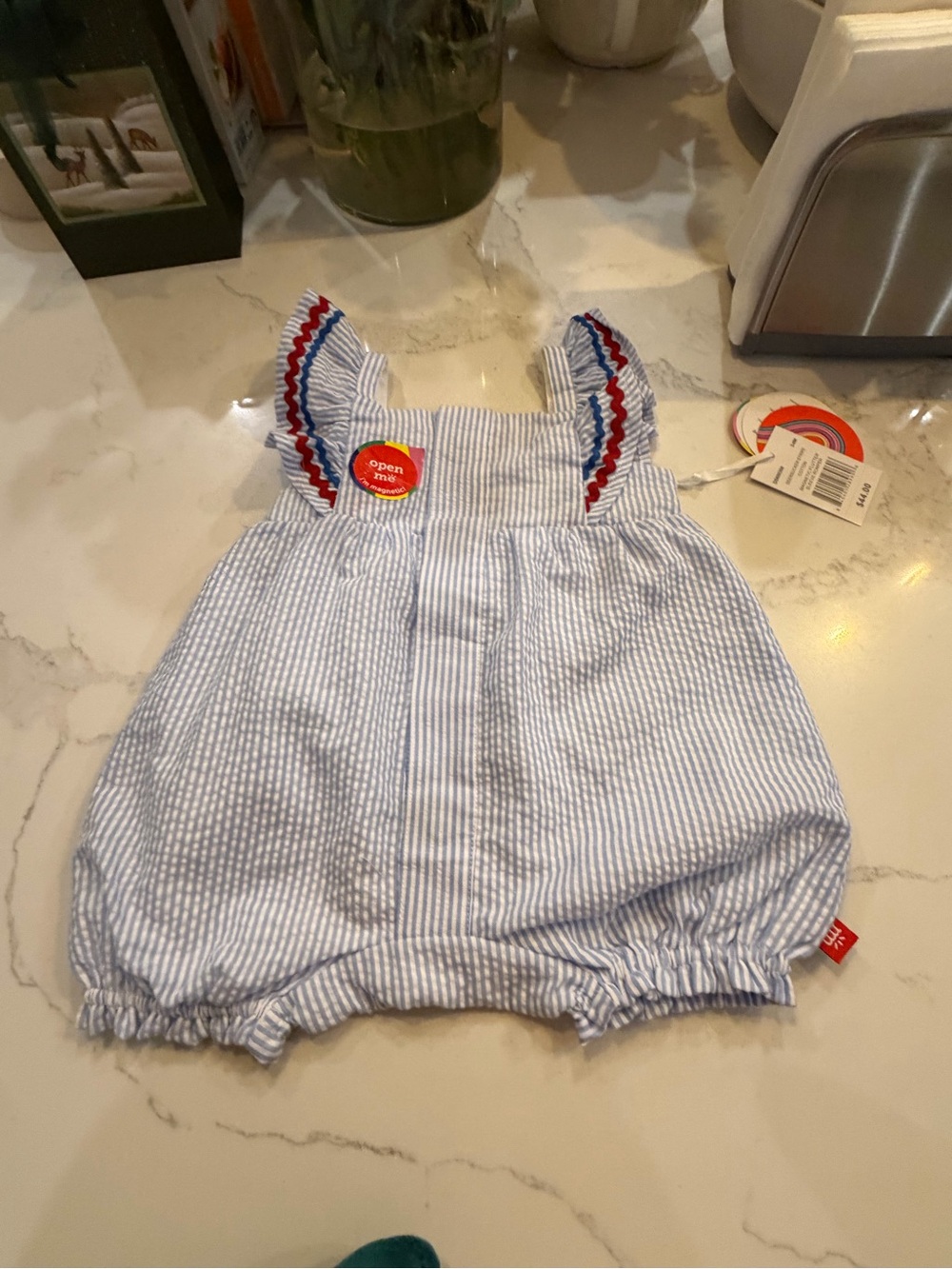 Magnetic Me Blue and White Seersucker Ruffle Bubble Romper